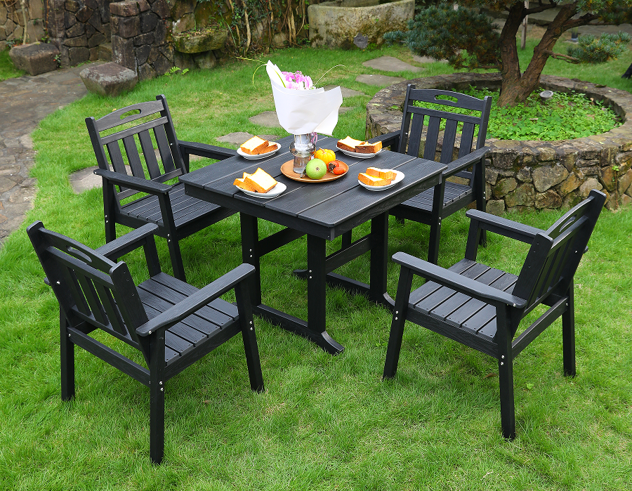 Kerusi makan luar HDPE 4 kerusi + set meja persegi sandaran menegak hitam