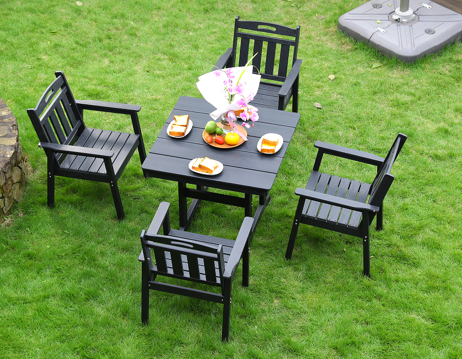 Kerusi makan luar HDPE 4 kerusi + set meja persegi sandaran menegak hitam