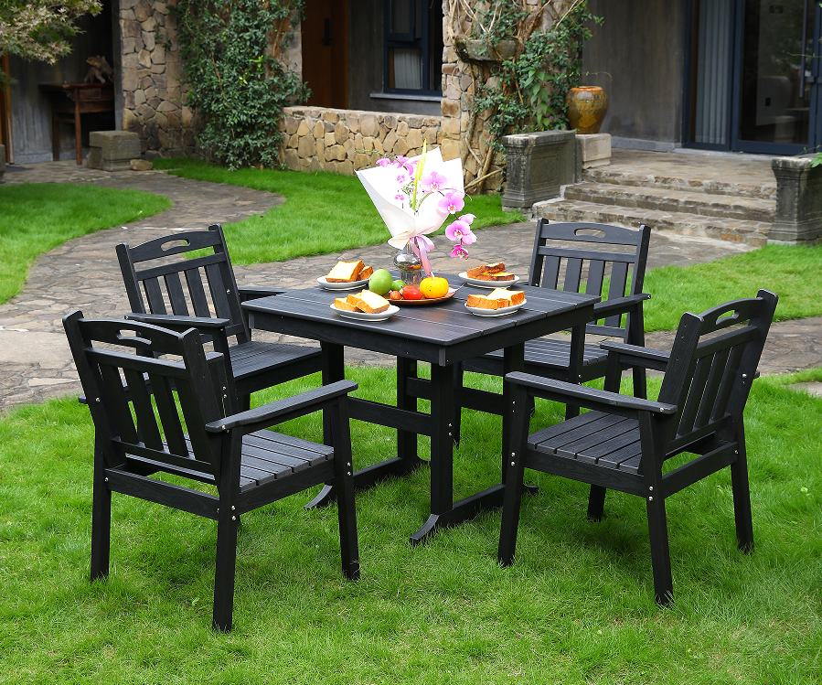 Kerusi makan luar HDPE 4 kerusi + set meja persegi sandaran menegak hitam