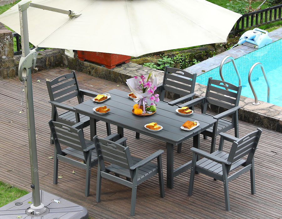 Set Makan Luar 6 Keping HDPE Kelabu dengan Sandaran Mendatar