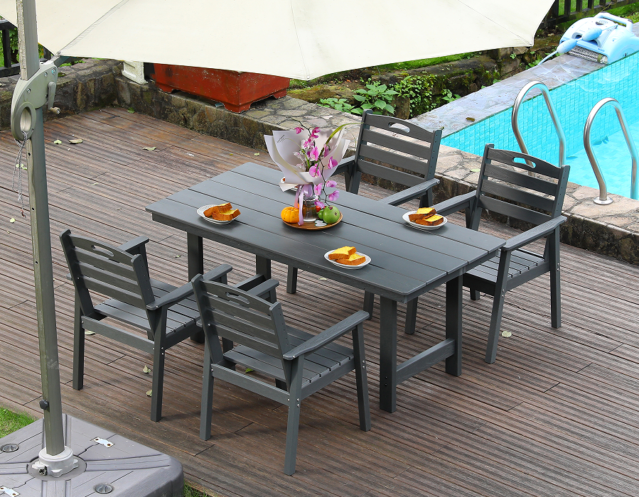 Set Makan Luar 4 Keping HDPE Kelabu dengan Sandaran Mendatar
