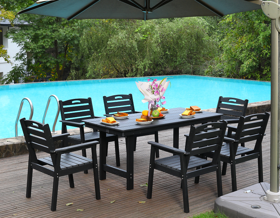 Set Makan Luar 6 Keping HDPE Hitam dengan Sandaran Mendatar