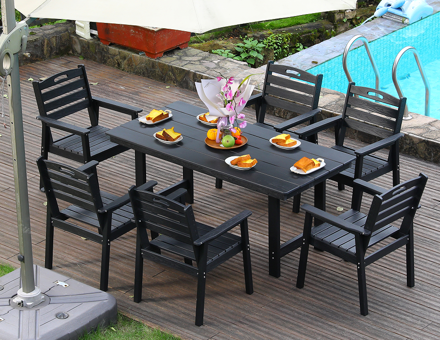 Set Makan Luar 6 Keping HDPE Hitam dengan Sandaran Mendatar