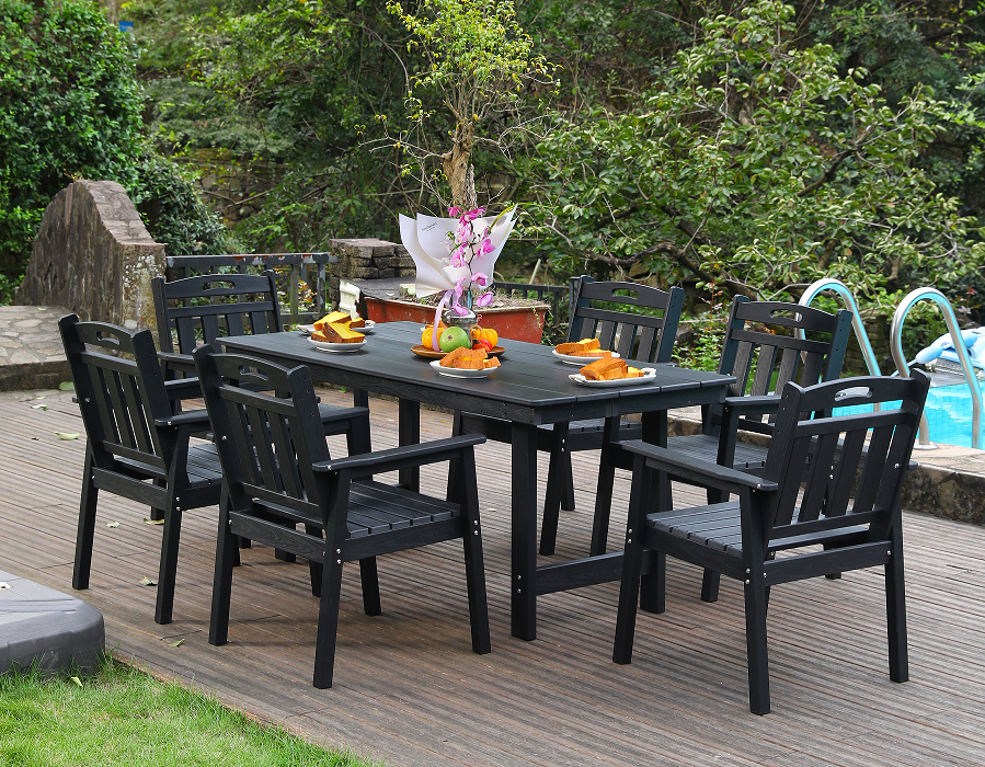 Set Makan Luar 6 Keping HDPE Hitam dengan Sandaran Menegak