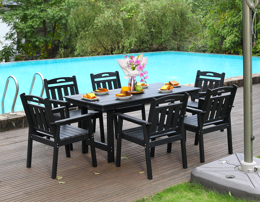 Set Makan Luar 6 Keping HDPE Hitam dengan Sandaran Menegak